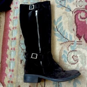 Brown suede zipper just below knee boots